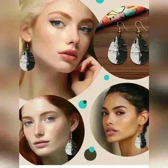 natalythyme Jewelry - Black and white abstract oil painting printed tear drop pendant earrings